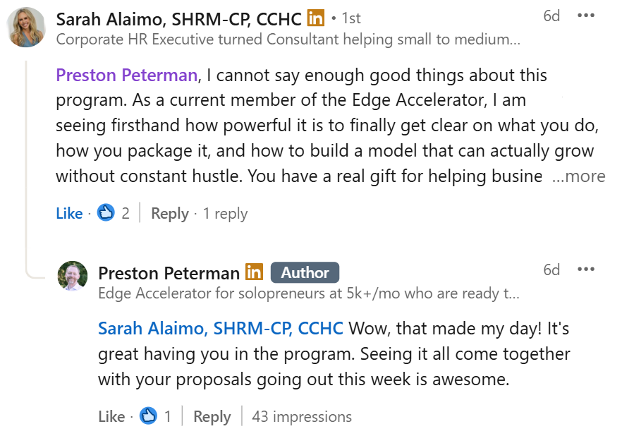 LinkedIn comment from Sarah
